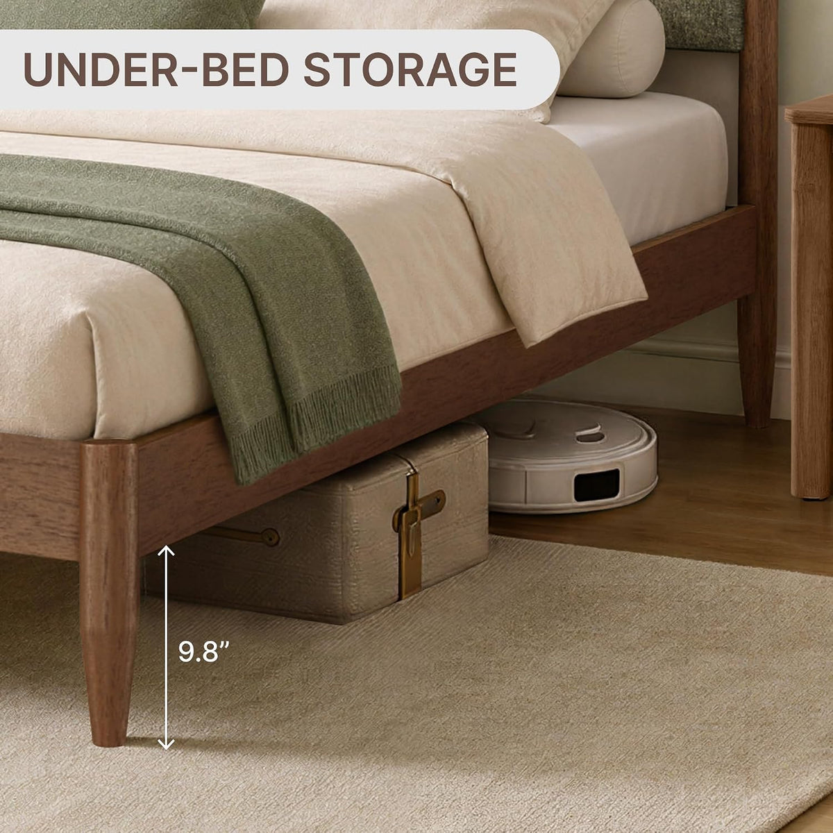 kislot wood bed frame with upholstered headboard, sage showing dimensions