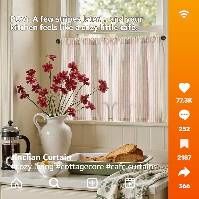 jinchan Striped Linen Kitchen Curtains 24 Inches Christmas Tier Curtains - Image 2
