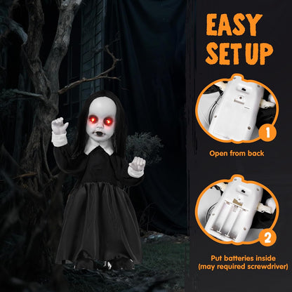 JOYIN Scary Halloween Decorations Outdoor, Black Zombie Girl Ghost Animatronics Decor with Sound Activated Sensor Glowing LED Eyes for Garden Lawn Yard Haunted House Terror Home Party Supplies