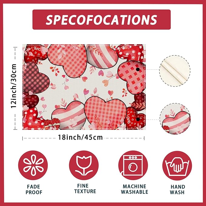 XCHI Love Hearts Valentine's Day Placemats Set of 4 Table Mats - Image 5
