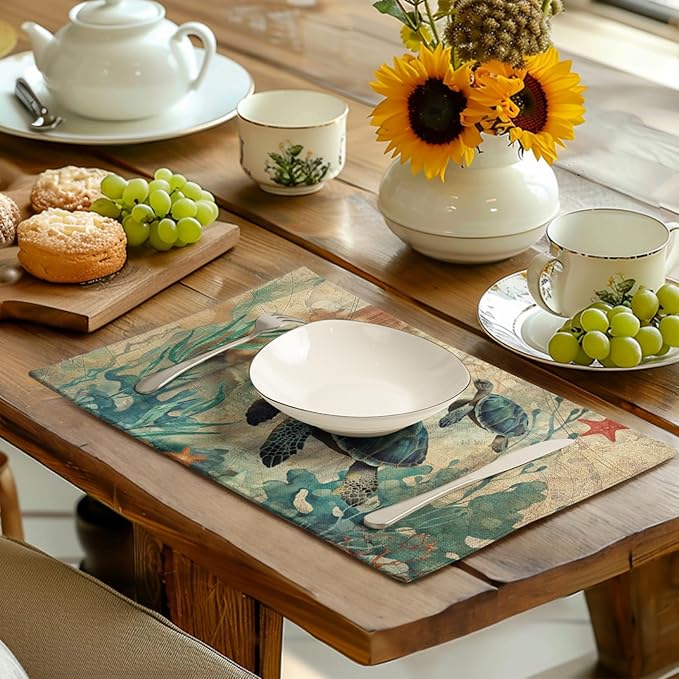 Sea Turtle Placemats Set of 4 Summer Beach Seasonal Linen Table Mats 12x18 Inch - Image 6