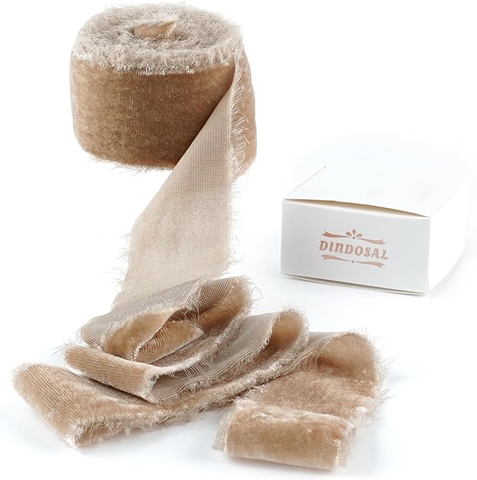 Camel Velvet Ribbon 1.5 Inch Hand Frayed Silk Velvet Ribbon by DINDOSAL