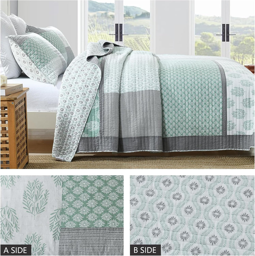 Finlonte Quilts Queen Size, 100% Cotton Queen Comforter Set, Green Grey Farmh...