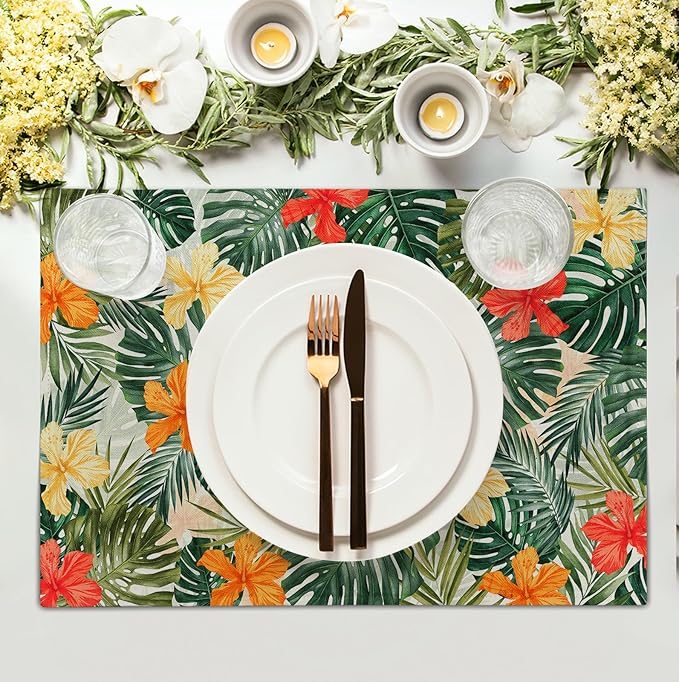 Tropical Palm Leaves Table Mats Set of 4 Summer Watercolor Hibiscus Flower Leaf - Image 3