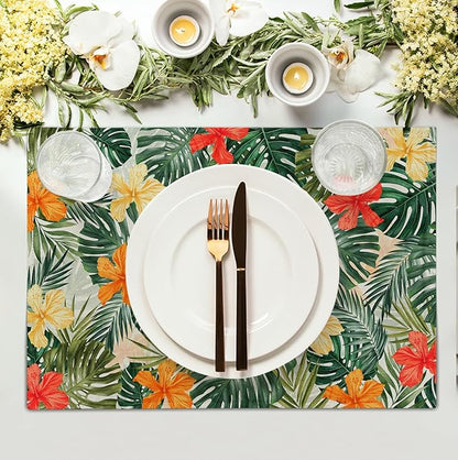 Tropical Palm Leaves Table Mats Set of 4 Summer Watercolor Hibiscus Flower Leaf - Image 3