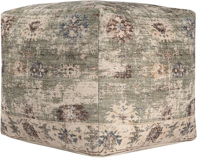 LR Home Grace Vintage Floral Sage Green Square Indoor Medium Pouf Ottoman | - Image 4