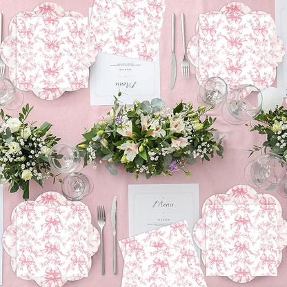 Quera 50 Pcs Pink Bow Paper Plates Coquette Party Supplies Pink Floral - Image 4