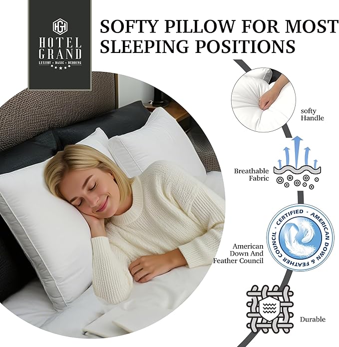 Hotel Grand Goose Feather Down Fiber Pillows King Size Set of 2, 100% Cotton - Image 4