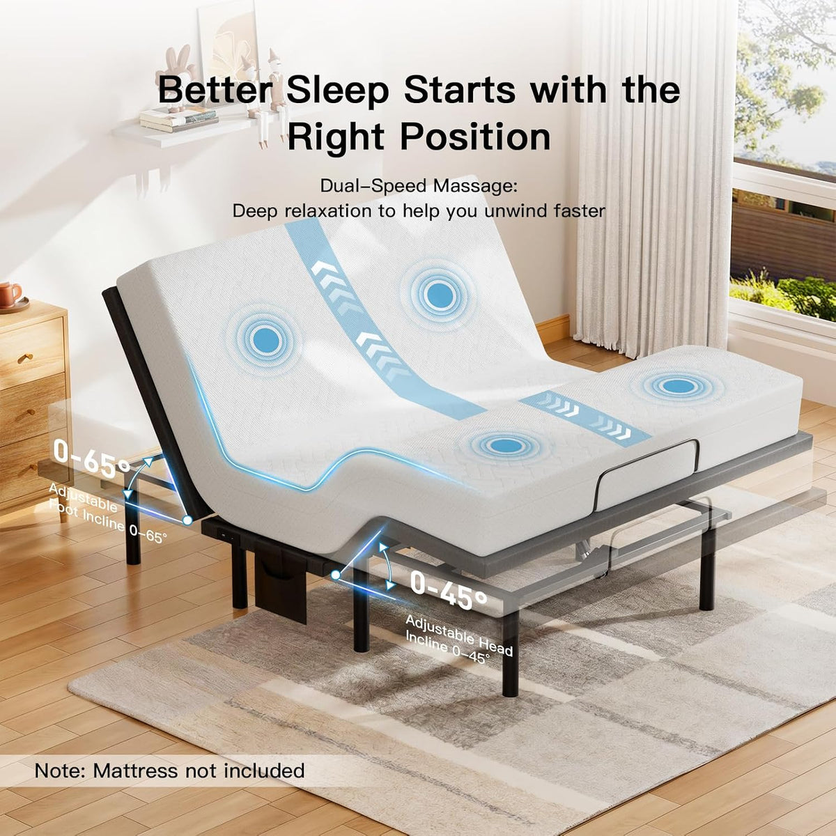 pipishell queen adjustable bed frame with massage, electric shown in use