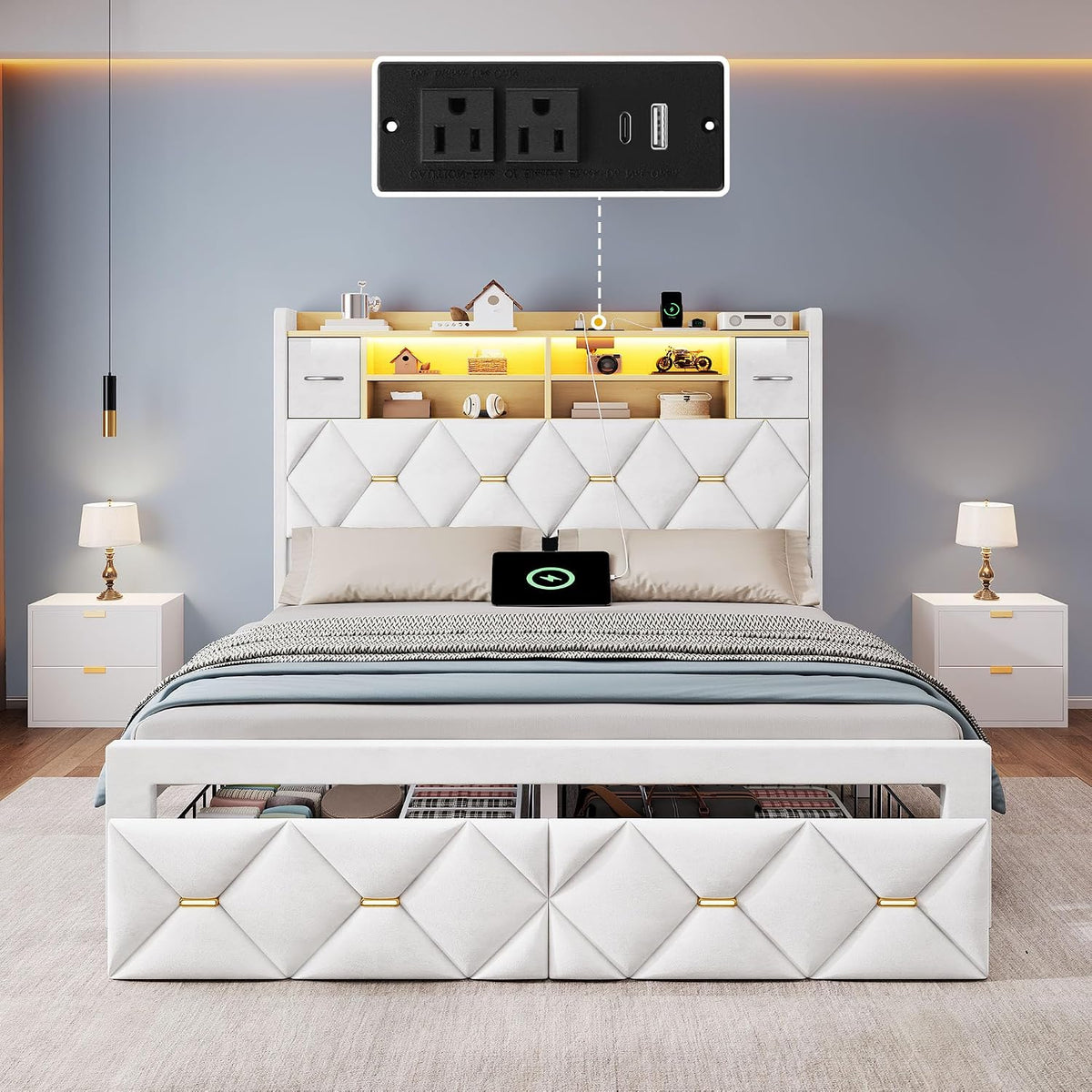 yitahome full size bed frame with 2 storage on a desk or shelf