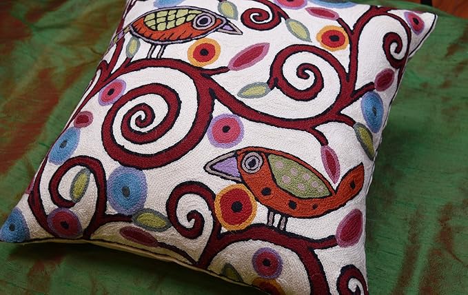 Cream Tree of Life Pillow Cover Birds White Floral Pillowcase Flower Accent - Image 3