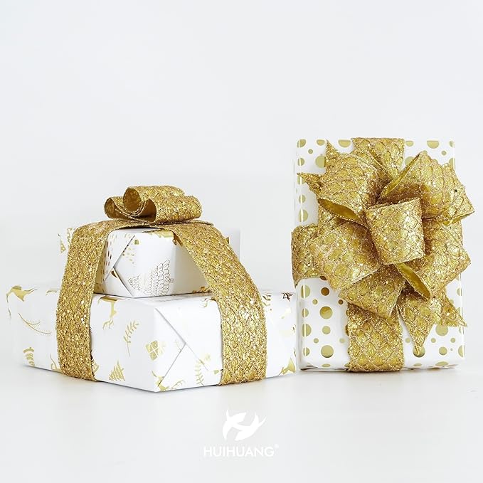 HUIHUANG Gold Glitter Wired Ribbon - Image 3