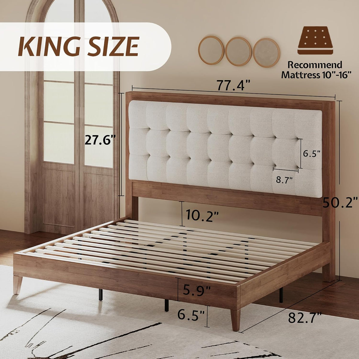 jocisland solid wood king bed frame, 50" tall shown in use
