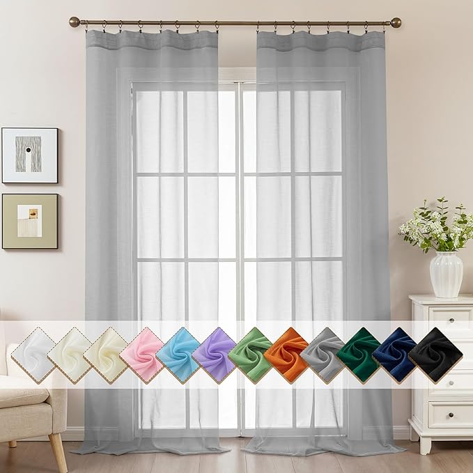 Grey Sheer Curtains 96 Inches Long, Privacy Semi Sheer Curtains by ABLUEN