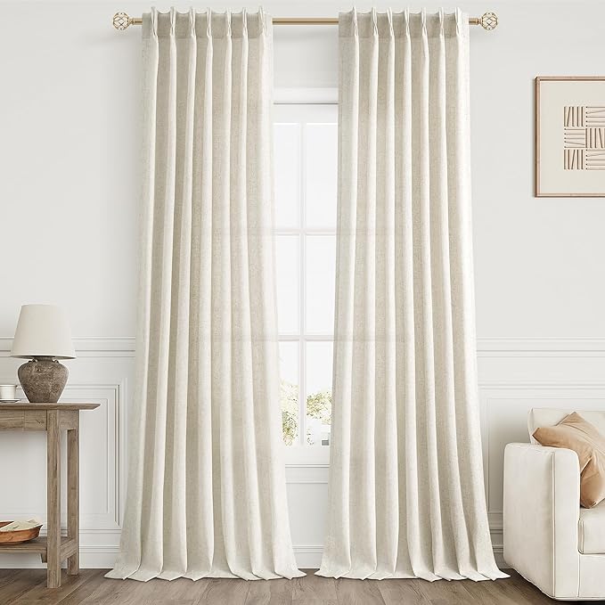 Cream Beige Pinch Pleat Linen Curtains 90 Inch Length 2 Panels Set - Image 9