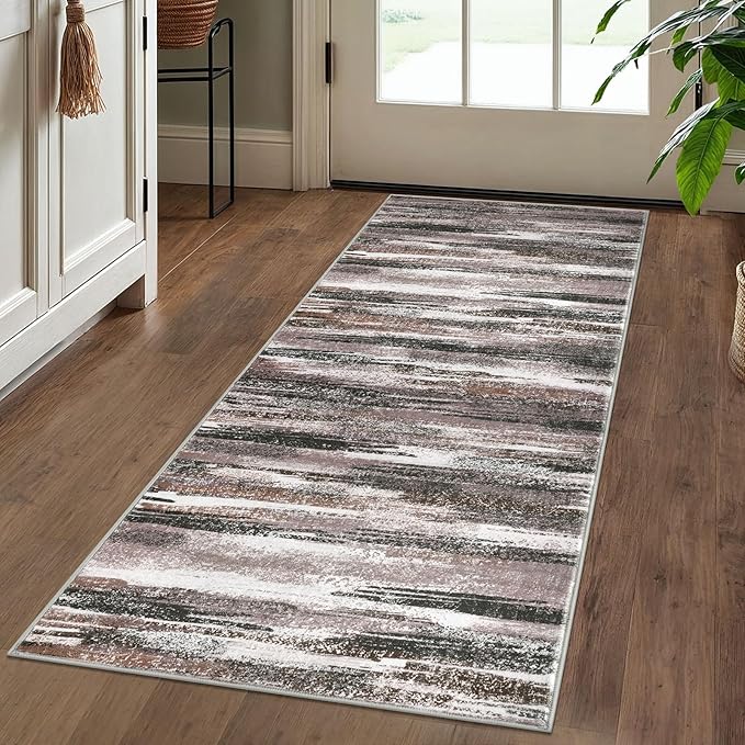 Modern Abstract Runner Rug 2x5, Dark Light Brown White Washable Kitchen Runner - Image 2