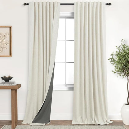 KOUFALL 98 Inch Long Linen Black Out Curtains, Light Blocking Cream Complete by KOUFALL