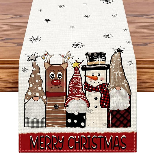 OTOSTAR Gnomes Snowman Elk Merry Christmas Table Runner, Xmas Seasonal Winter by OTOSTAR