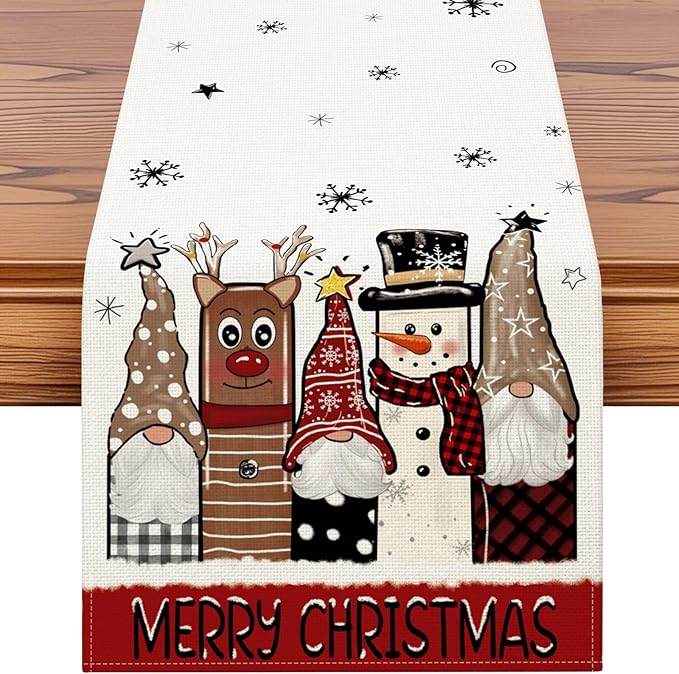 OTOSTAR Gnomes Snowman Elk Merry Christmas Table Runner, Xmas Seasonal Winter by OTOSTAR