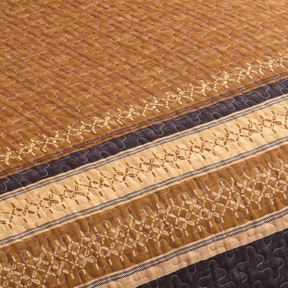 cottolester fall quilt set queen,burnt orange striped patchwork, front angle view