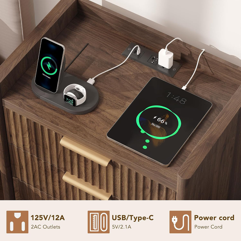 25.9" Fluted Nightstand with Charging Station, Large Bedside Table with ...