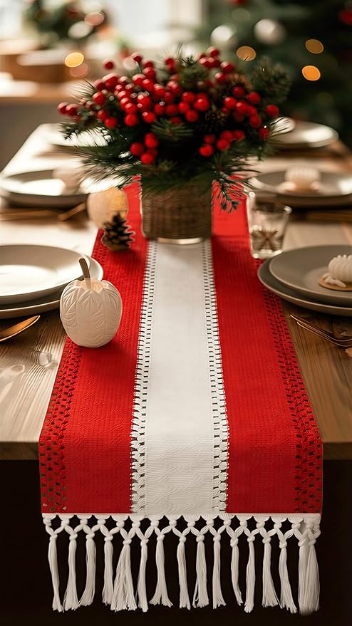 FEXIA Boho Red Table Runner for Holiday Decoration 72 Inches Long Red & Cream - Image 8