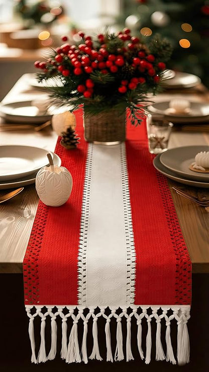 FEXIA Boho Red Table Runner for Holiday Decoration 72 Inches Long Red & Cream - Image 8