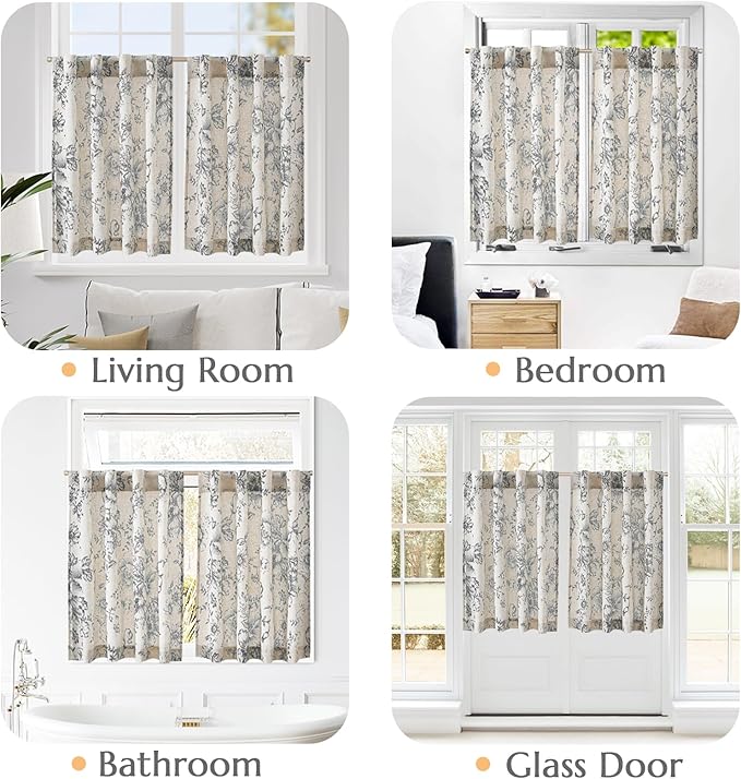 jinchan Linen Floral Tier Curtains 36 Inch Farmhouse Botanic Grey Cafe Curtains - Image 4