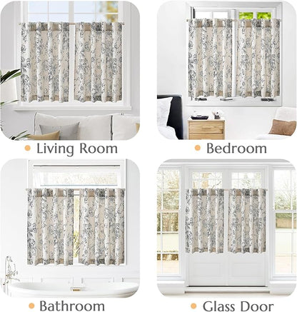 jinchan Linen Floral Tier Curtains 36 Inch Farmhouse Botanic Grey Cafe Curtains - Image 4