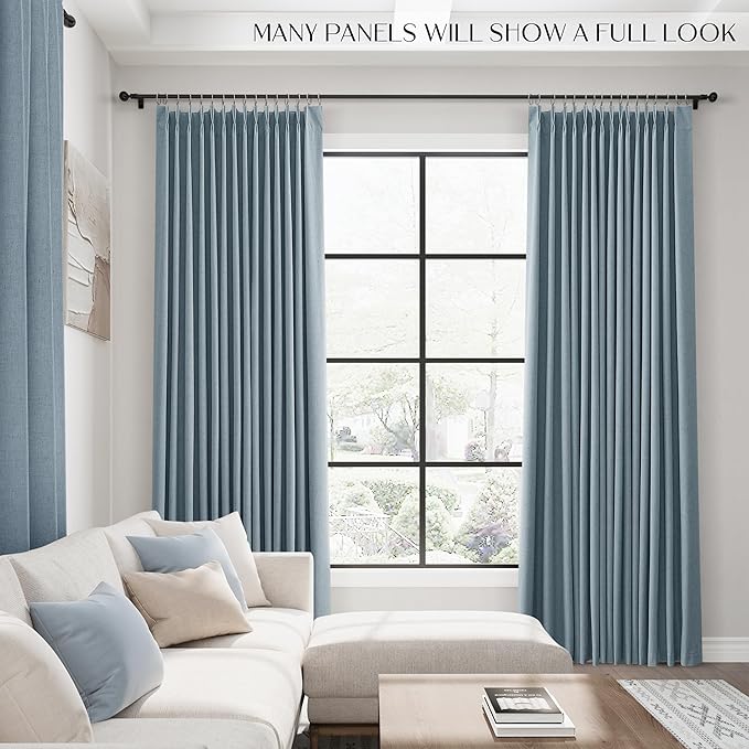 Blue 100% Blackout Pinch Pleated Linen Curtains 108 Inches Long - Image 6