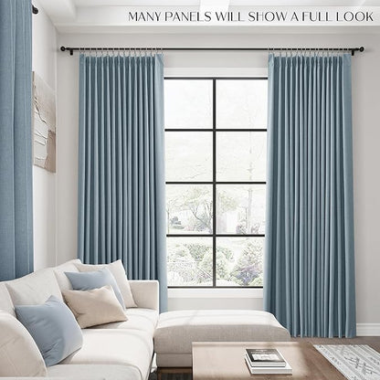 Blue 100% Blackout Pinch Pleated Linen Curtains 108 Inches Long - Image 6