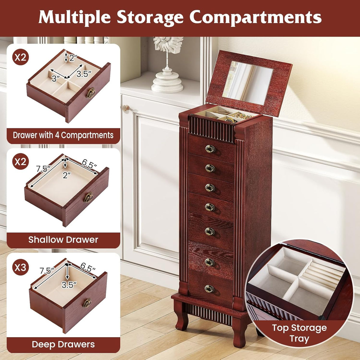 giantex standing jewelry cabinet with 7 drawers, flip-top showing dimensions