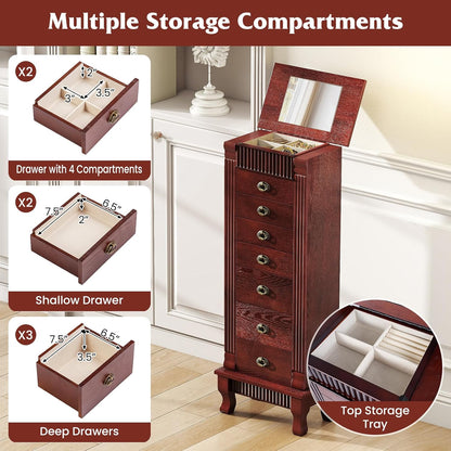 giantex standing jewelry cabinet with 7 drawers, flip-top showing dimensions