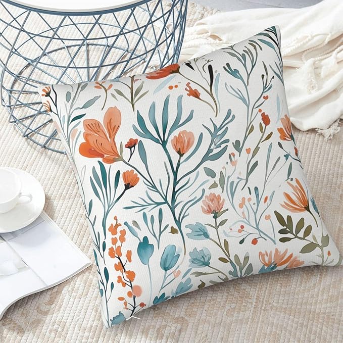 Turquoise Orange Floral Throw Pillow Covers 18x18 in Set of 2 Decorative Teal - Image 6