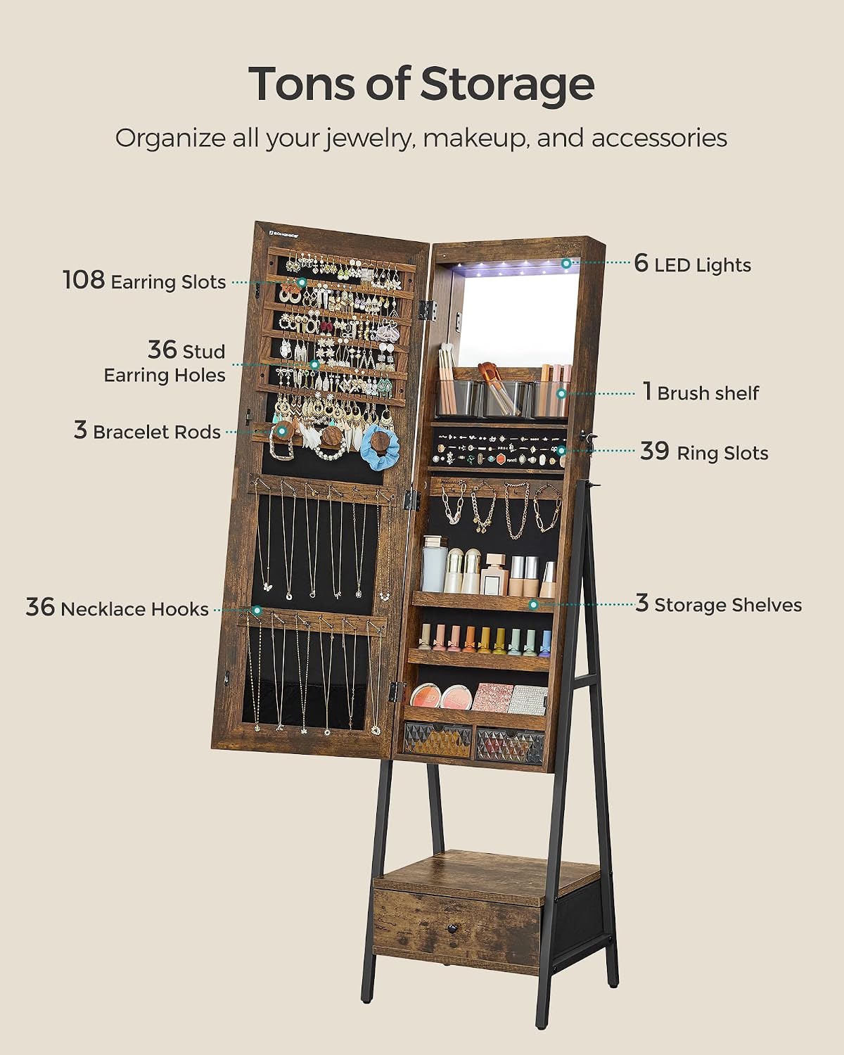 songmics led mirror jewelry cabinet armoire, freestanding lockable, side view