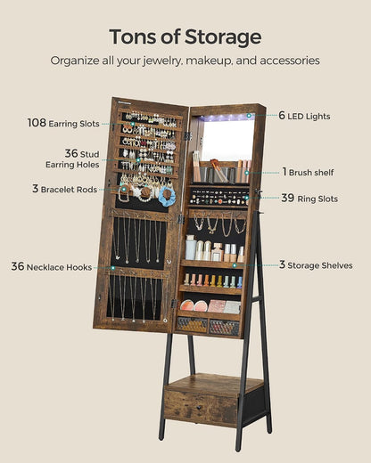 songmics led mirror jewelry cabinet armoire, freestanding lockable, side view