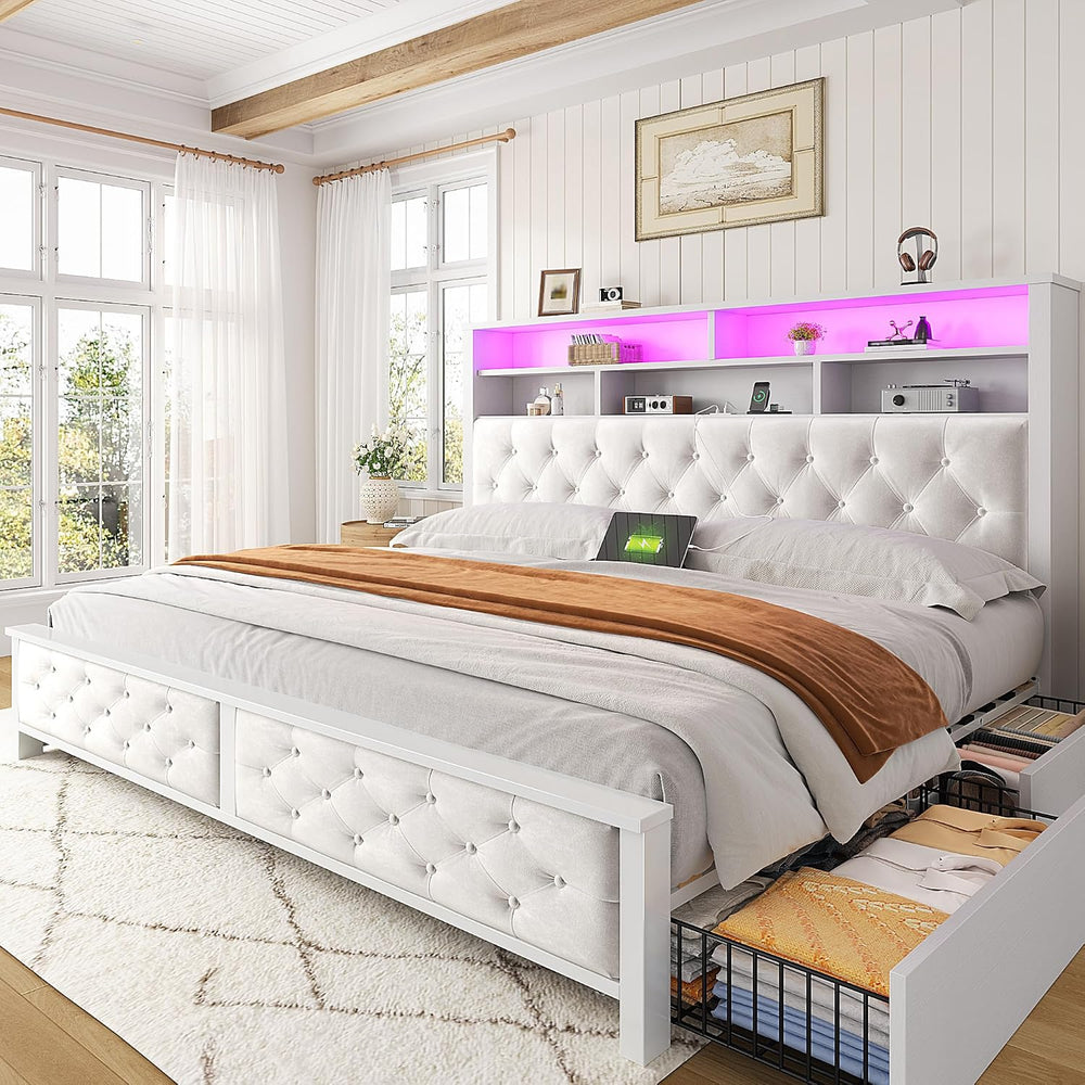 EnHomee King Size Bed Frame with 4 Storage Drawers & Charging Station
