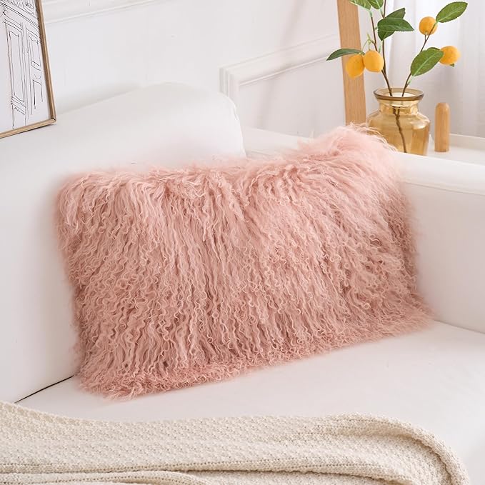 Genuine Mongolian Lamb Fur Pillow Cover – 12"x20" Rectangular Cushion Case – - Image 3