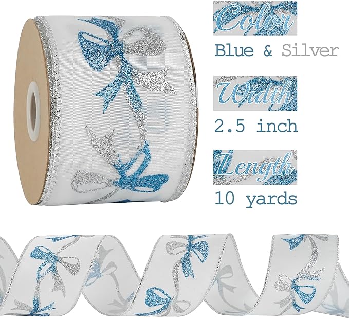 MEEDEE Blue and Silver Christmas Ribbon 2.5 Inch White Satin Ribbons - Image 2