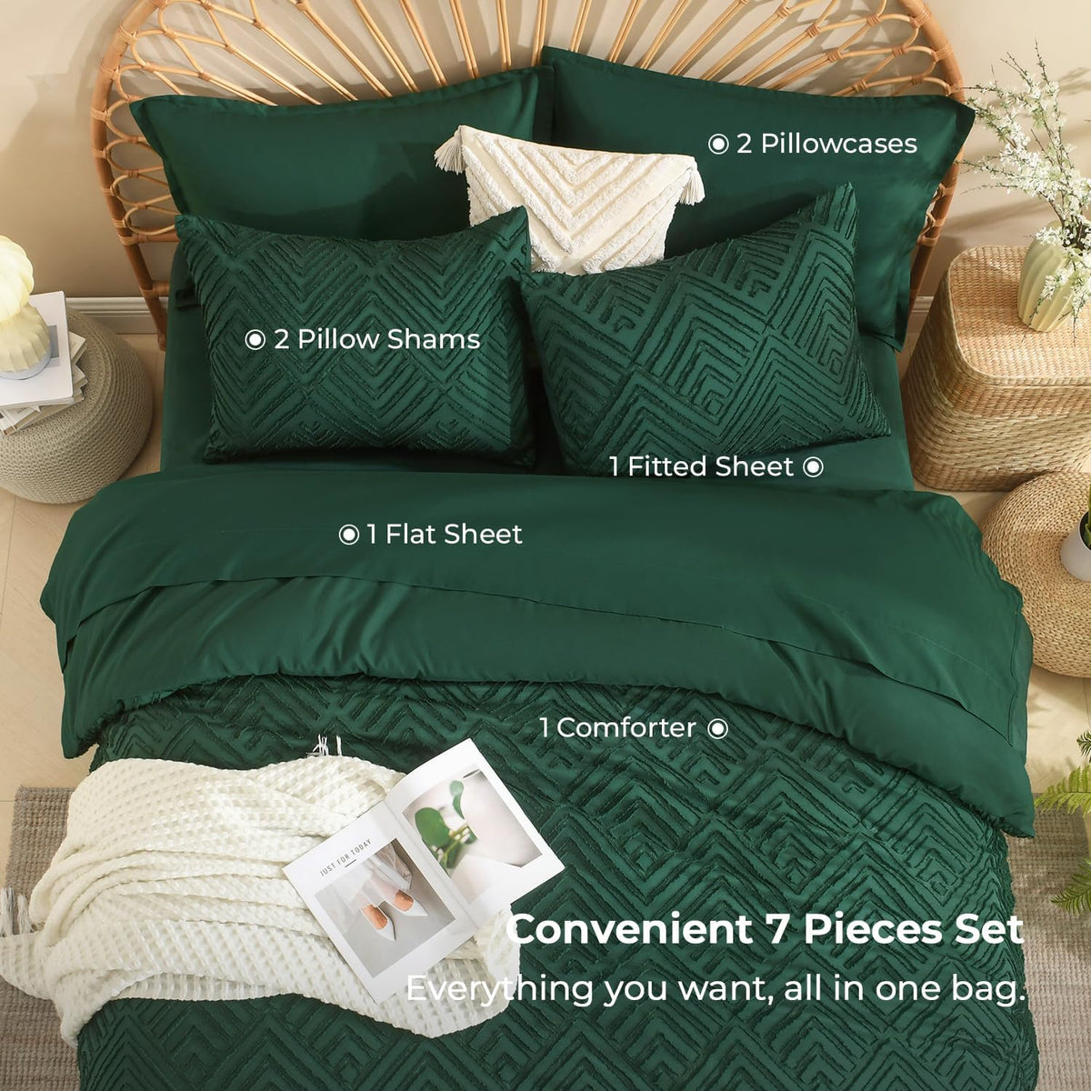 andency king size comforter set, dark emerald green, close-up detail