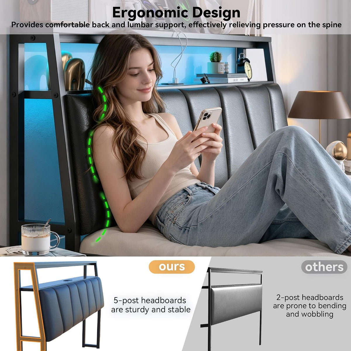 freehouse king size bed frame with storage headboard showing dimensions