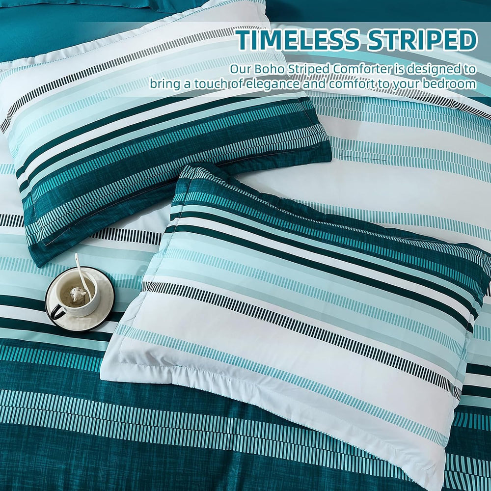 Dobuyly Teal Queen Comforter Set 7 Pieces, Blue Boho Striped Bed in a Bag Que...