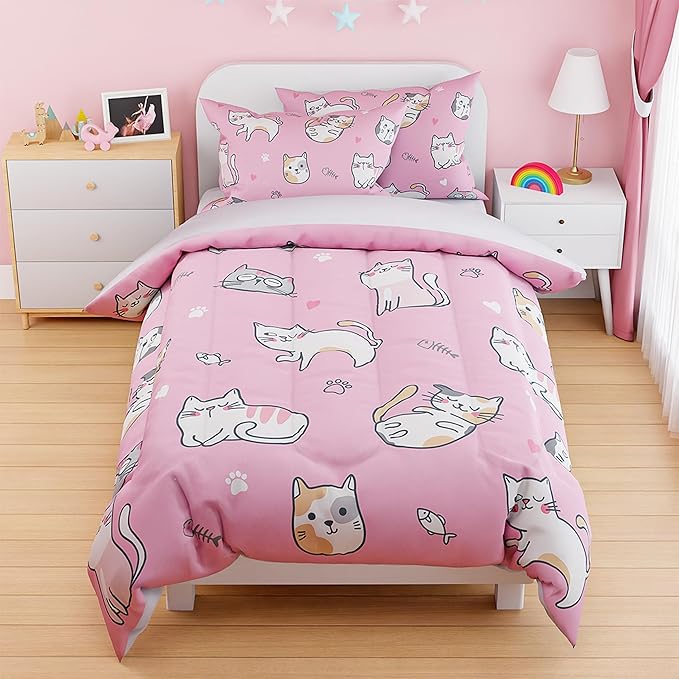 Cat Duvet Cover Sets Twin Size for Kids Girls, Include 1 Polyester Comforter by SANDJEST