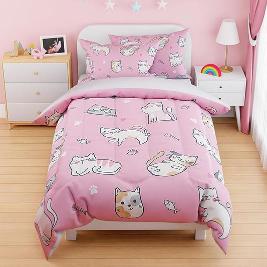 Cat Duvet Cover Sets Twin Size for Kids Girls, Include 1 Polyester Comforter by SANDJEST