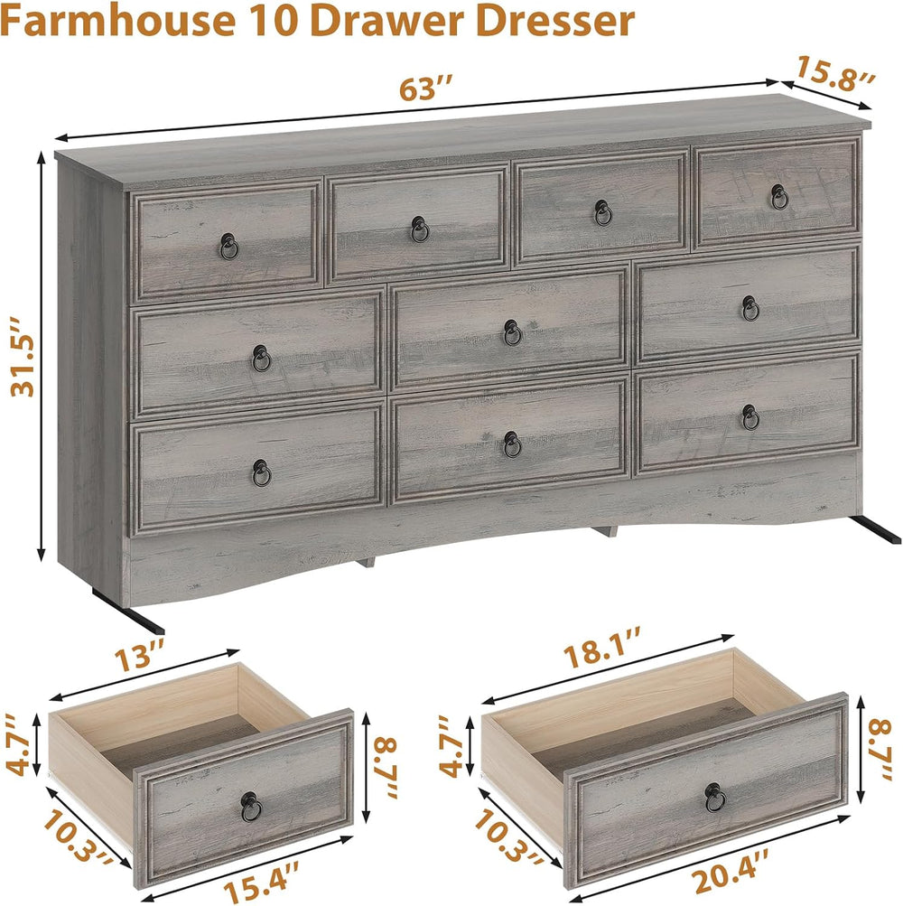 VVFLU 63”W Dressers for Bedroom, Grey Dresser with 10 Deep Drawer, Long Dress...