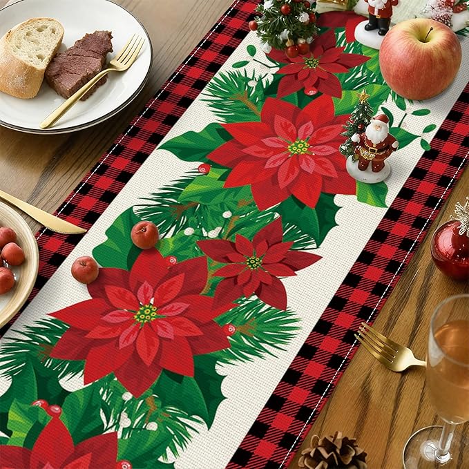 OTOSTAR Black and Red Buffalo Check Plaid Holly Christmas Flowers Table Runner - Image 3