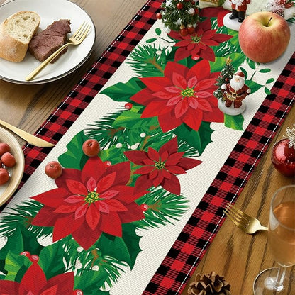 OTOSTAR Black and Red Buffalo Check Plaid Holly Christmas Flowers Table Runner - Image 3