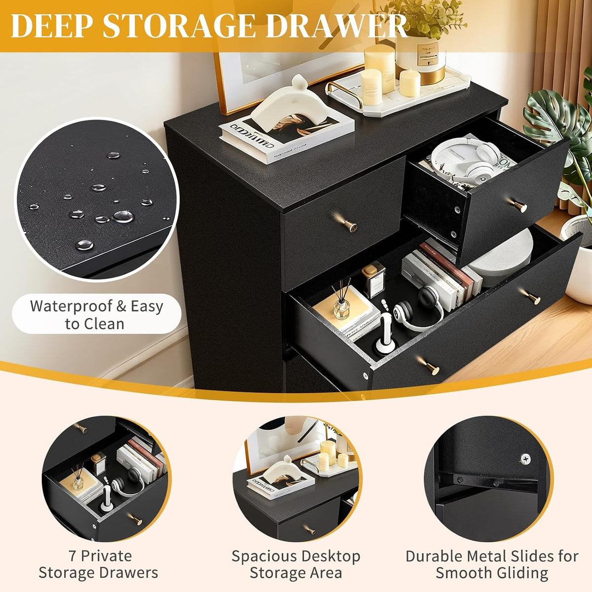 karl home black 7 drawer dresser, wood chest, side view