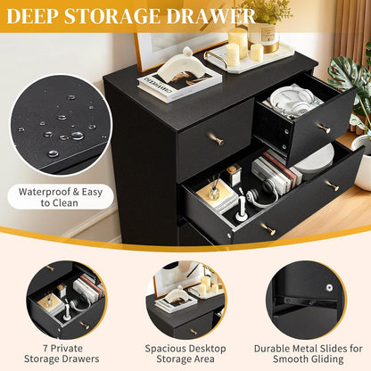 karl home black 7 drawer dresser, wood chest, side view