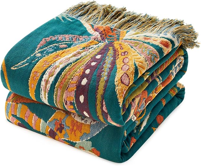 MSGKV Boho Throw Blanket for Bed Twin Size 100% Cotton Floral Blanket 60"x80" by MSGKVHomeTextiles